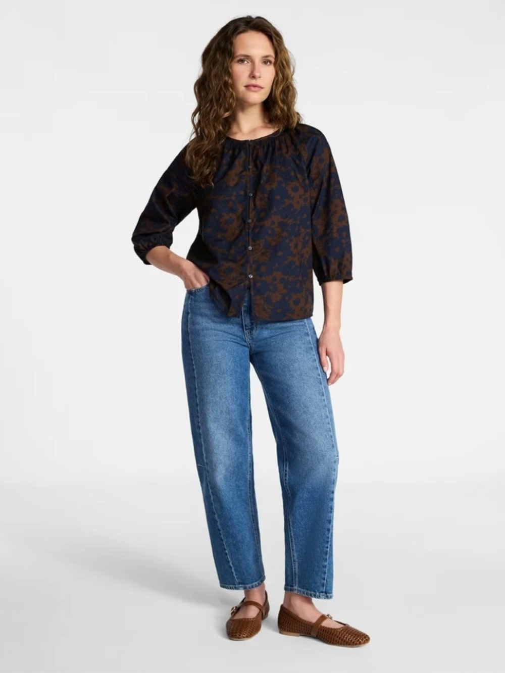 Time and Tru Navy and Brown Floral Boho Cottagecore Button-Down Blouse Size M